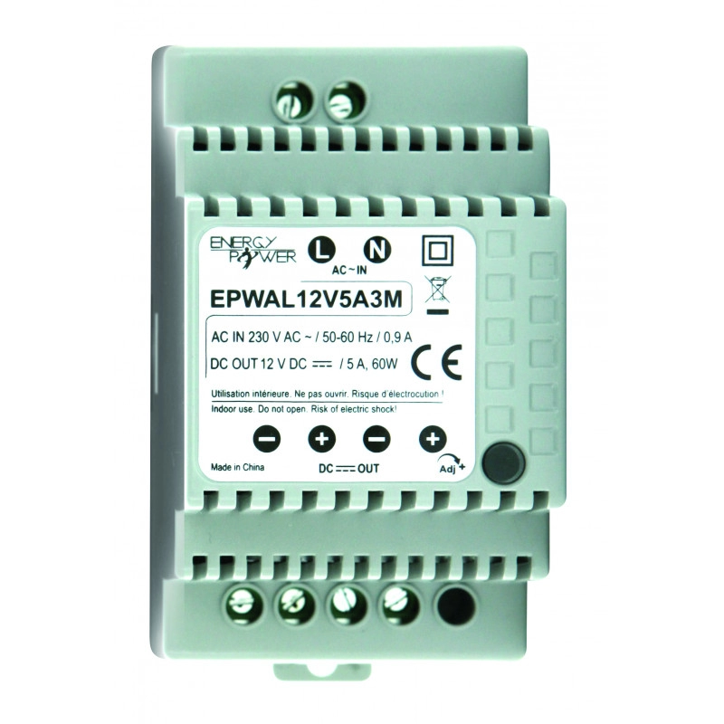 					AL12V5A3M < > ALIMENTATION RAIL DIN 3M 230V / 12VDC (12-14V) / 5A</>