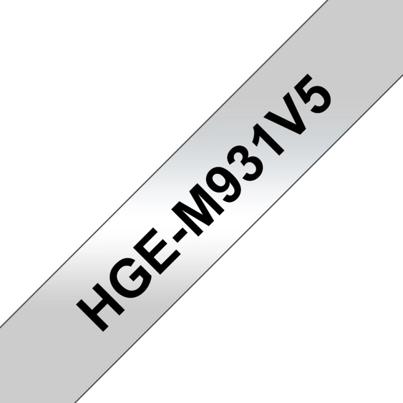 					HGEM931V5 PACK DE 5 RUBANS HGEM931, 12MM NOIR SUR FOND MATT ARGENT, LAMINÉ HIGH GRADE, 8M
