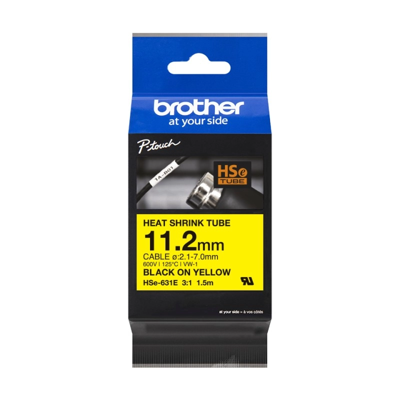 					HSE631E RUBANS THERMO RÉTRACTABLE, 11.2MM DE LARGE, 1.5M DE LONG NOIR SUR JAUNE