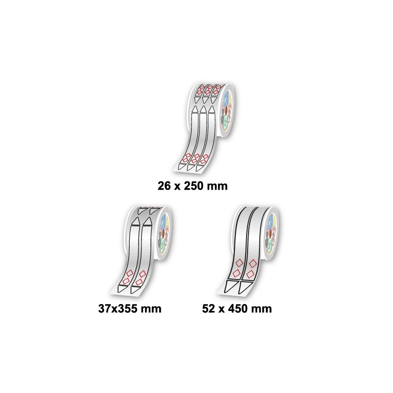 					LTZ12012FPIC ROULEAUX MARQUEURS DE TUYAUTERIE PRÉDÉCOUPÉS, BLANC, AVEC PICTOGRAMMES, 12 X 150