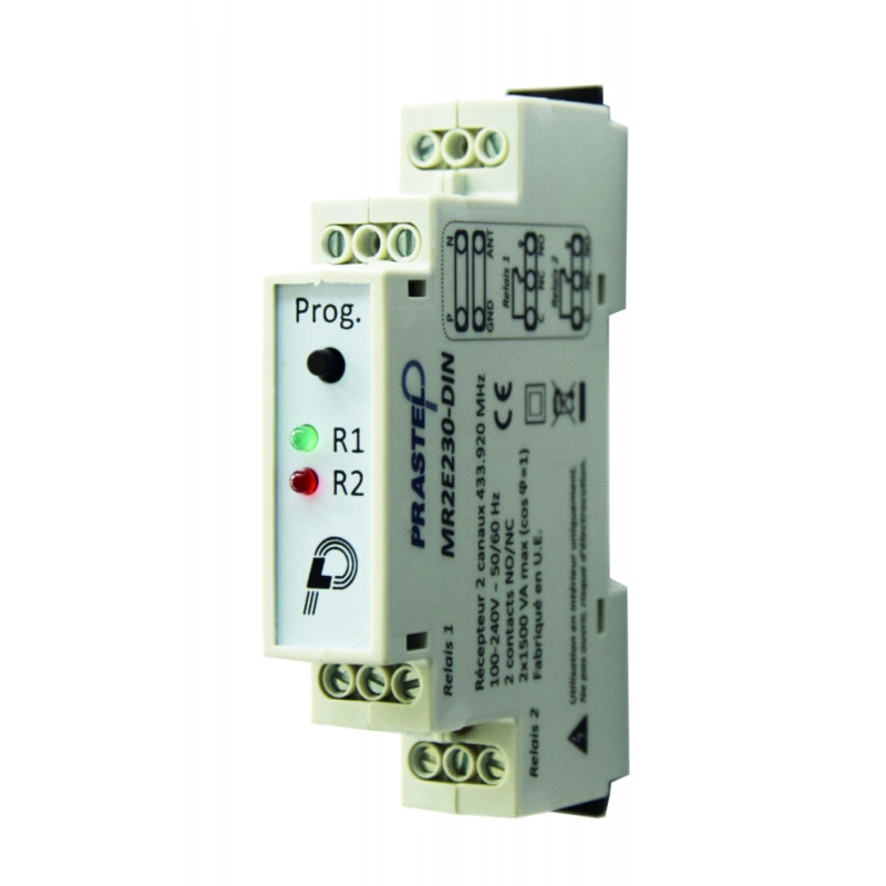 MR2E230DIN <div itemprop="description"> RECEPTEUR RADIO 433.92MHZ 230V 2 REL FIXATION SUR RAIL DIN</div>