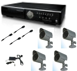 PACK-VIDEO-1 Système vidéo avec enregistreur numérique 4 voies connexion internet H264 + 4 caméras avec infrarouge intérieur - exterieur + alimentation 12 + fiche de conexion rapide              