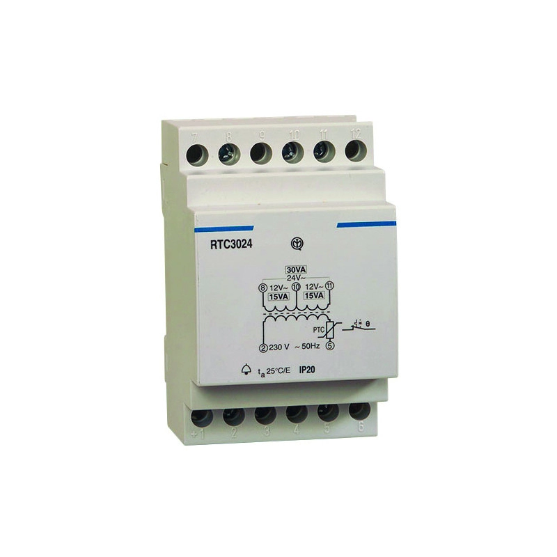 TR1224PTC <div itemprop="description"> TRANSFORMATEUR RAIL DIN 230V AC / 12-24V AC / 1.25A</div>